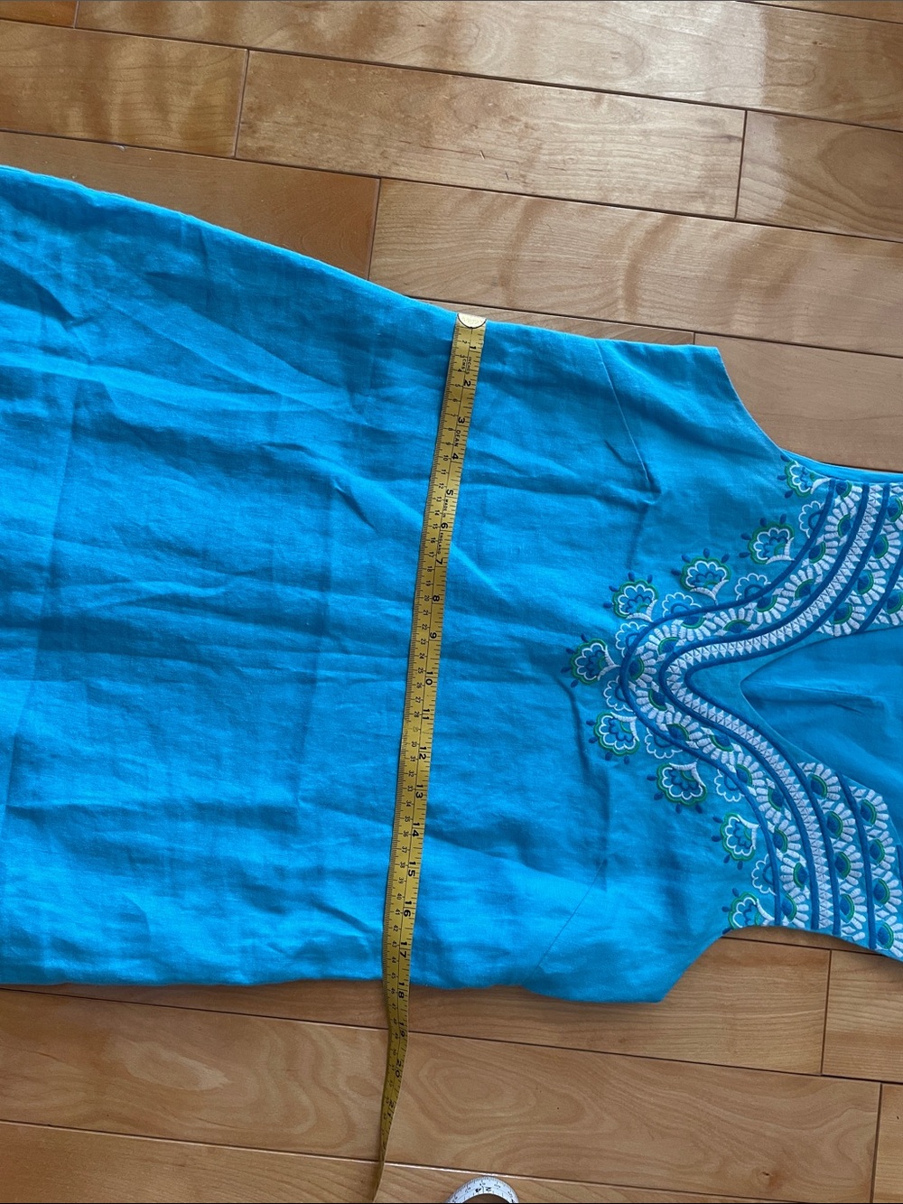 M-L  Cozy Turquoise Sleeveless Embroidered V-Neck Mini Dress - Picture 6 of 10